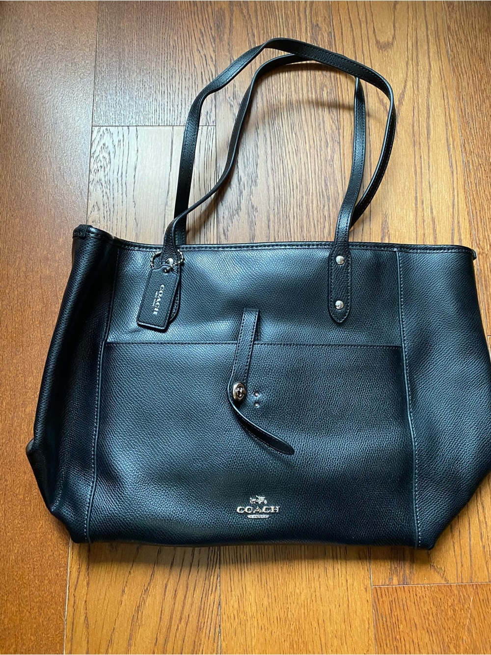 Coach Market Tote in Black Polished Pebble Leather with Turnlock Detail